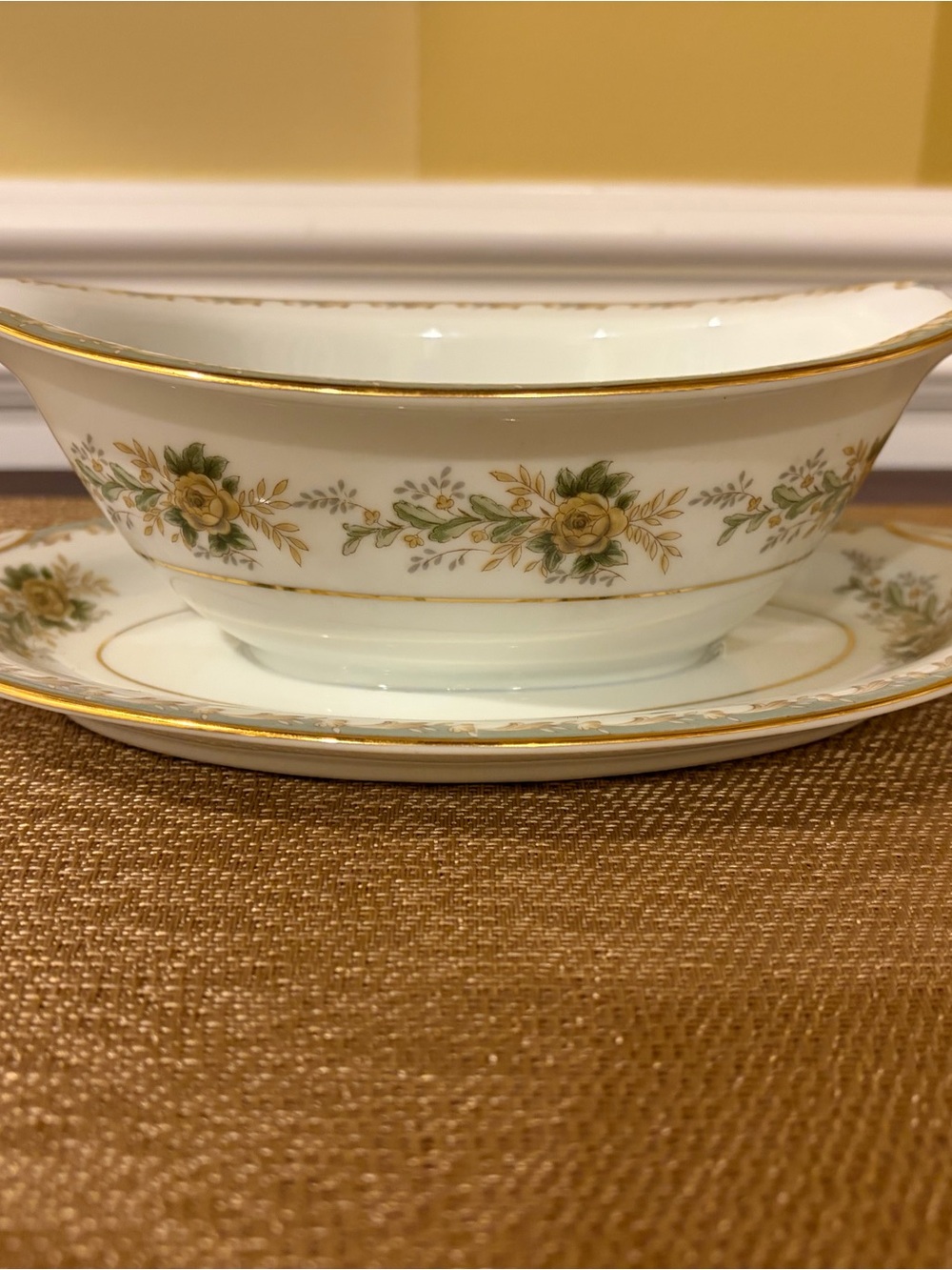 Vintage Noritake Brunswick Pattern Gravy Boat with underplate, Yellow Rose, Oval